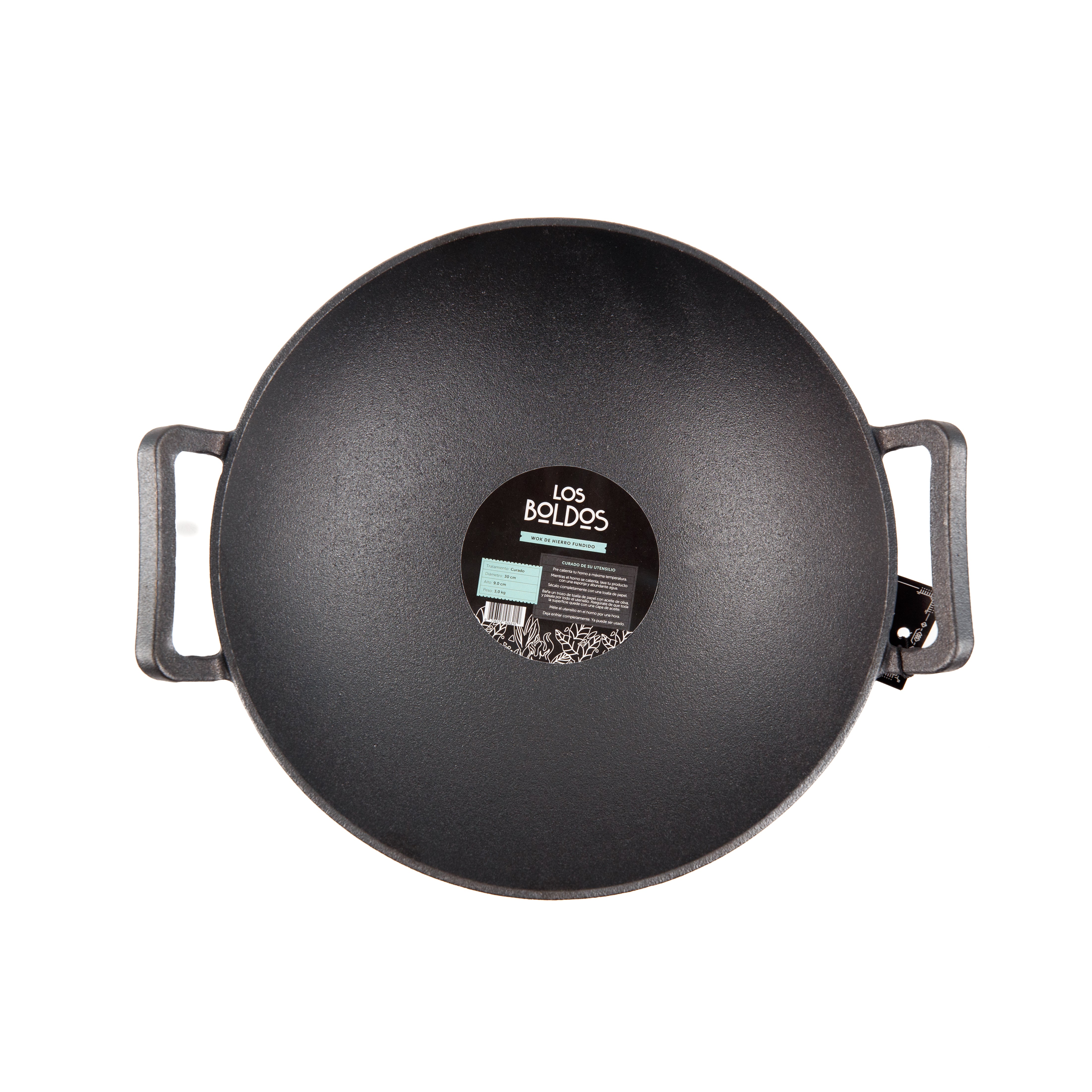 WOK DE HIERRO FUNDIDO LOS BOLDOS - BASE PLANA, PRE CURADO Y CON ASAS