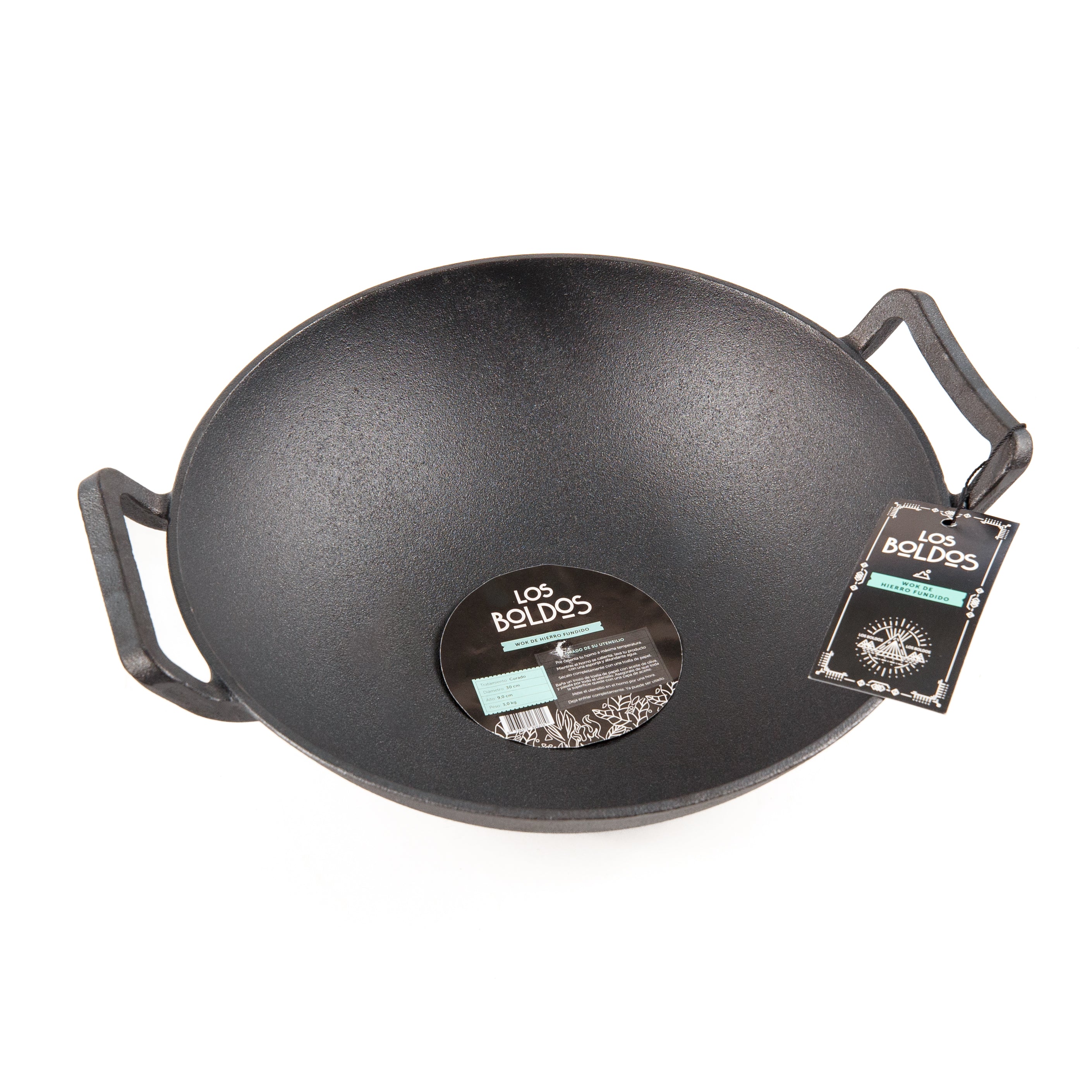 WOK DE HIERRO FUNDIDO LOS BOLDOS - BASE PLANA, PRE CURADO Y CON ASAS