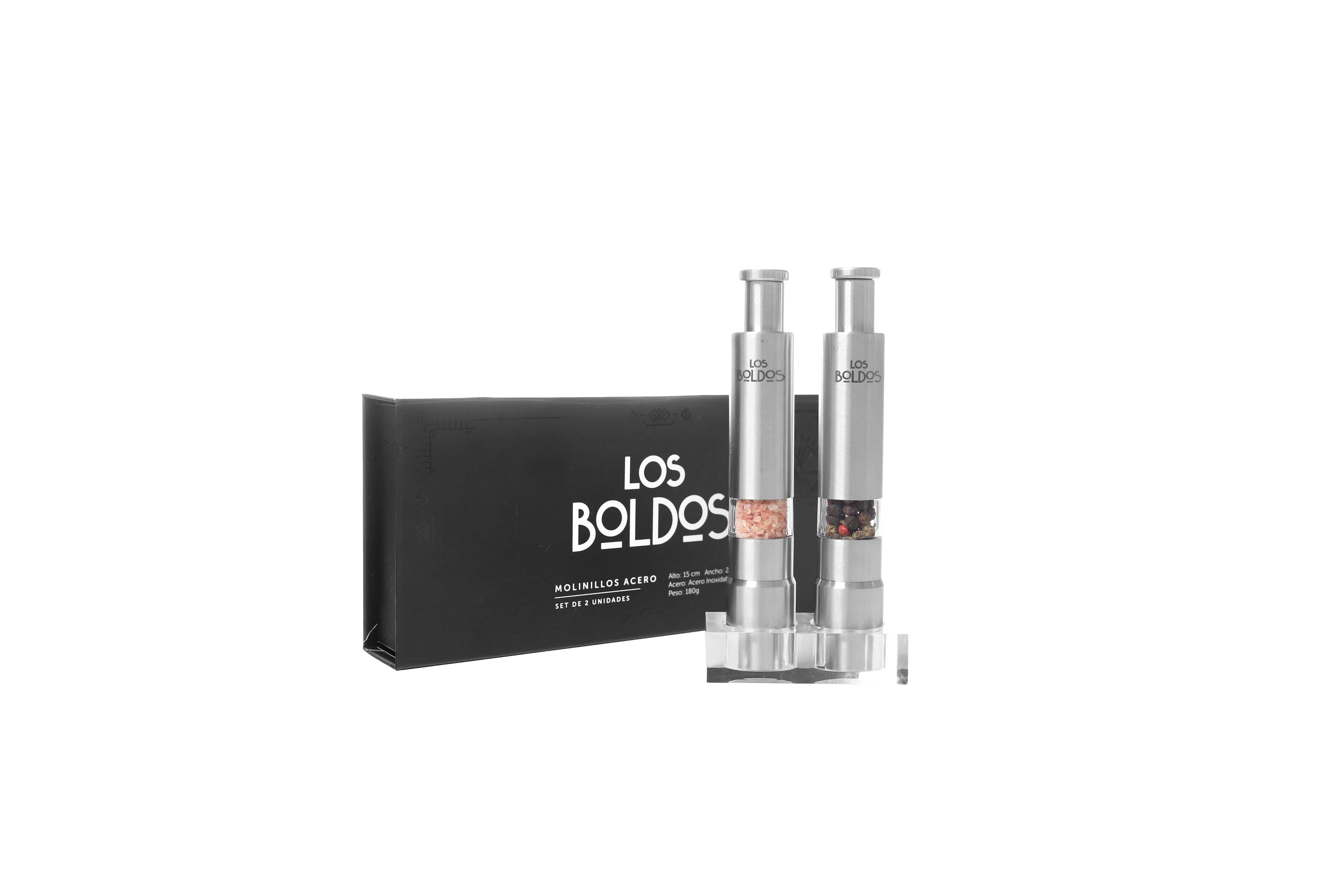 Molinillos de Acero - Set 2 Unidades con Base de Acrílico Sal del Himalaya + Mix 4 Pimientas