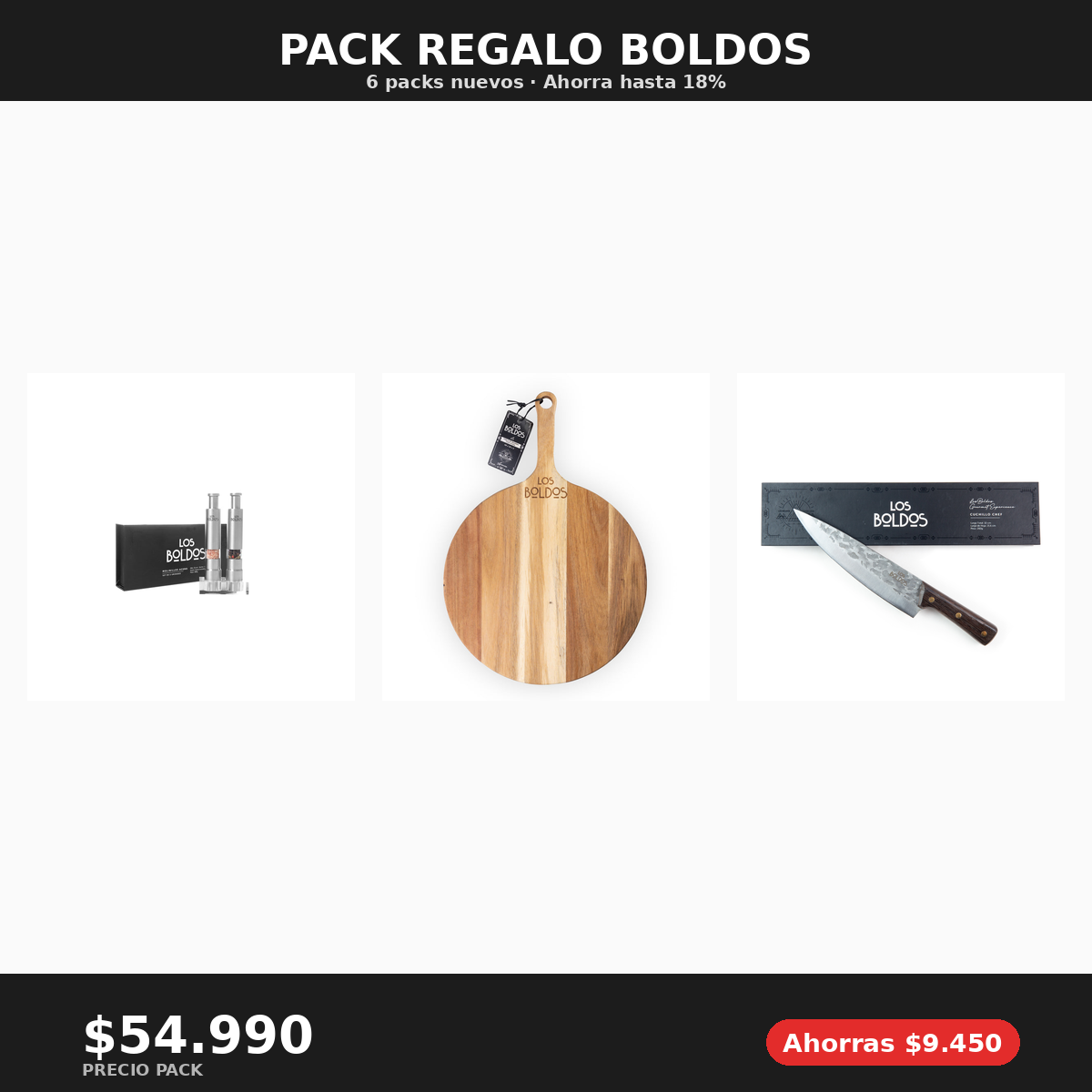 Pack Regalo Boldos - Molinillos Set + Tabla Acacia Pizza + Cuchillo Chef