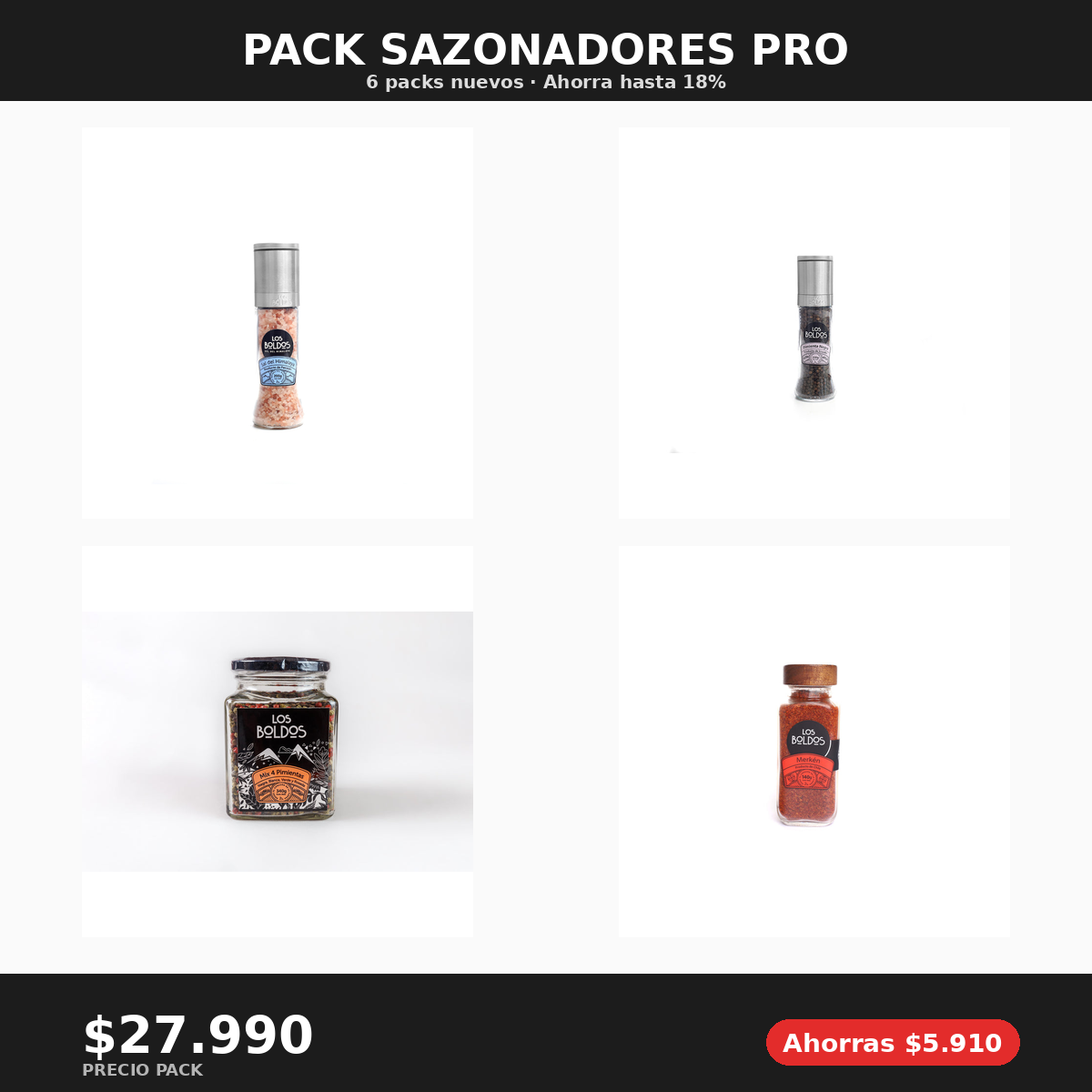 Pack Sazonadores Pro - Molinillo Sal + Pimienta + Frasco Mix Pimientas + Merkén