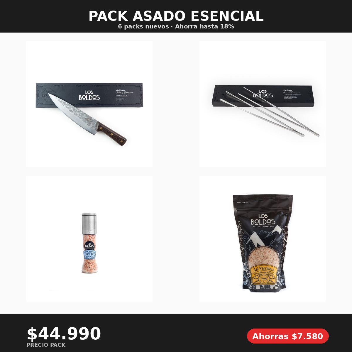 Pack Asado Esencial - Cuchillo Chef + Pinzas + Molinillo Sal + Sal Parrillera